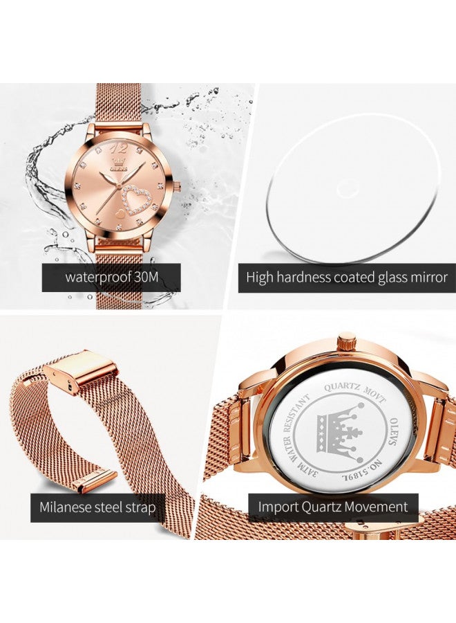 OLEVS ساعة أوليفس ذهبية وردية للنساء بحزام شبكي موضة فستان قلوب كواتز ياباني مقاومة للماء لامعة مجموعات ساعات السيدات وردي - Image 4