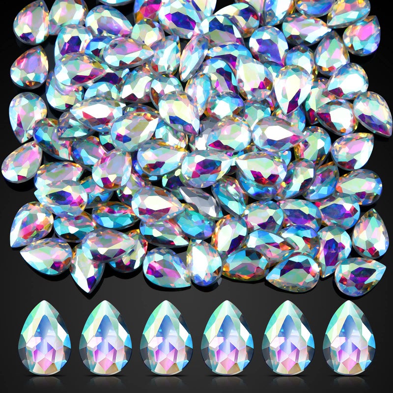 Jadive 100 Pcs 10 x 14 mm Teardrop Rhinestones Crystal Resin Point Back Glass Rhinestones Beads for Crafts Jewelry Making Shoes Dress Faceted Glass Beads White AB