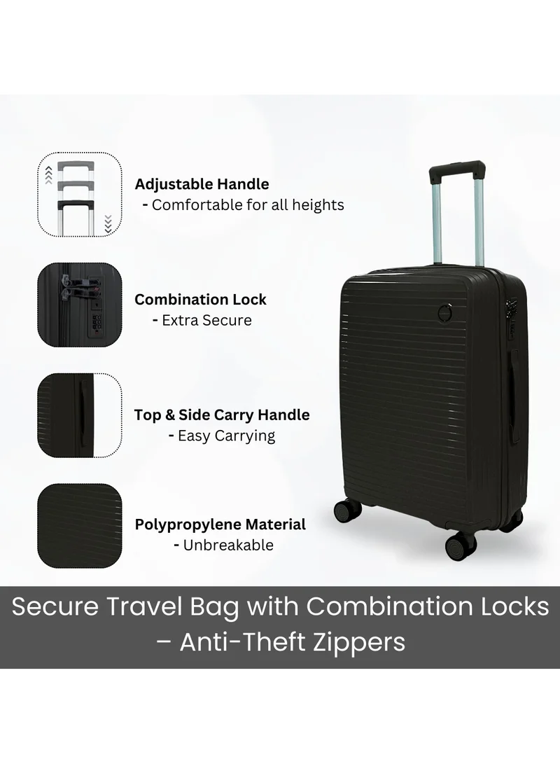 GIORDANO Giordano Pathfinder PP Hardcase Unbreakable Travel Luggage Set, Durable Lightweight 4 Double Wheels Smooth Rolling 3 Piece Suitcase, Secure Lock Travel Bag Black.