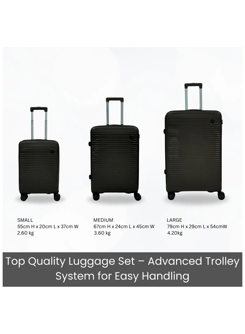 GIORDANO Giordano Pathfinder PP Hardcase Unbreakable Travel Luggage Set, Durable Lightweight 4 Double Wheels Smooth Rolling 3 Piece Suitcase, Secure Lock Travel Bag Black.