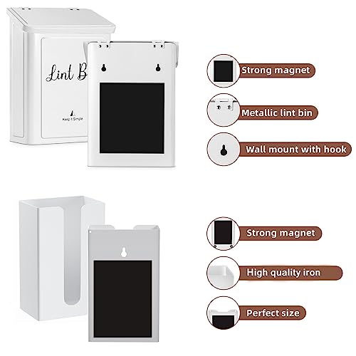 SUBEKYU Magnetic Lint Bin and Dryer Sheet Holder Set for Laundry Room, Metal Lint Trash Can with Lid and Lint Box Magnetic for Mounting on Dryer,Wall Mount Lint Bin for Laundry Room,White - Image 2