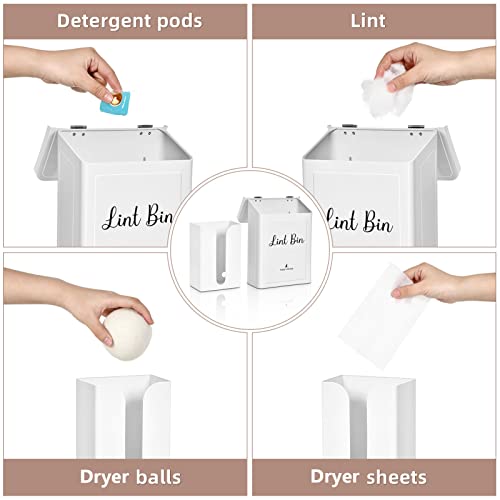 SUBEKYU Magnetic Lint Bin and Dryer Sheet Holder Set for Laundry Room, Metal Lint Trash Can with Lid and Lint Box Magnetic for Mounting on Dryer,Wall Mount Lint Bin for Laundry Room,White - Image 3