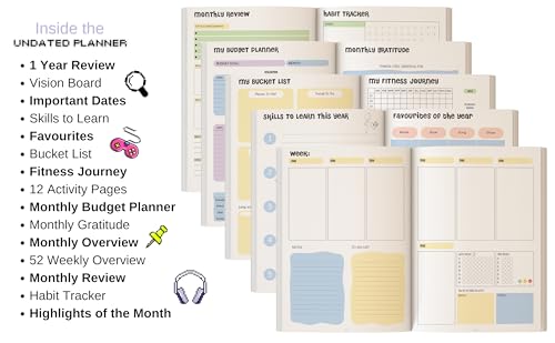 KALP Undated Daily Journal Planner Kit With Pocket Diary,2 Posters,300+Stickers,Magnetic Bookmark-Hard Bound,80 Gsm-304 Pages,Weekly Spreads,Monthly View,Habit & Budget Tracker(Minimal),Blue - Image 5