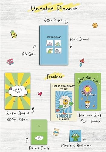 KALP Undated Daily Journal Planner Kit With Pocket Diary,2 Posters,300+Stickers,Magnetic Bookmark-Hard Bound,80 Gsm-304 Pages,Weekly Spreads,Monthly View,Habit & Budget Tracker(Minimal),Blue - Image 2