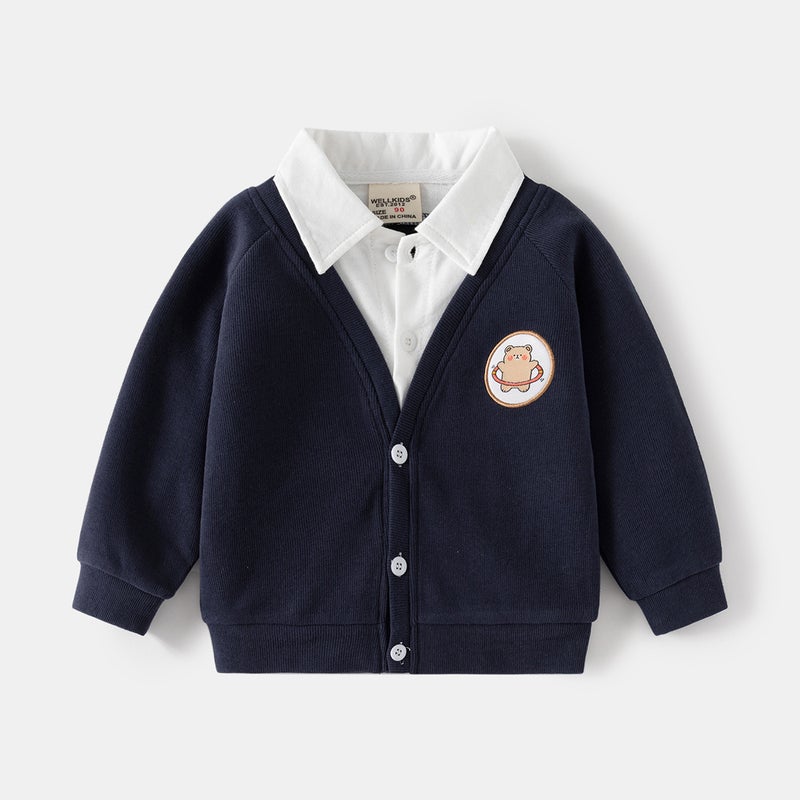 Autumn Kids Korean Two-Piece Jacket Long Sleeve Cardigan Navy blue  - Image 1