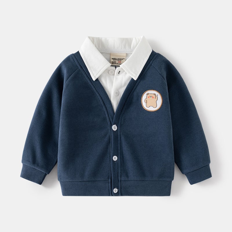 Autumn Kids Korean Two-Piece Jacket Long Sleeve Cardigan Navy blue  - Image 2