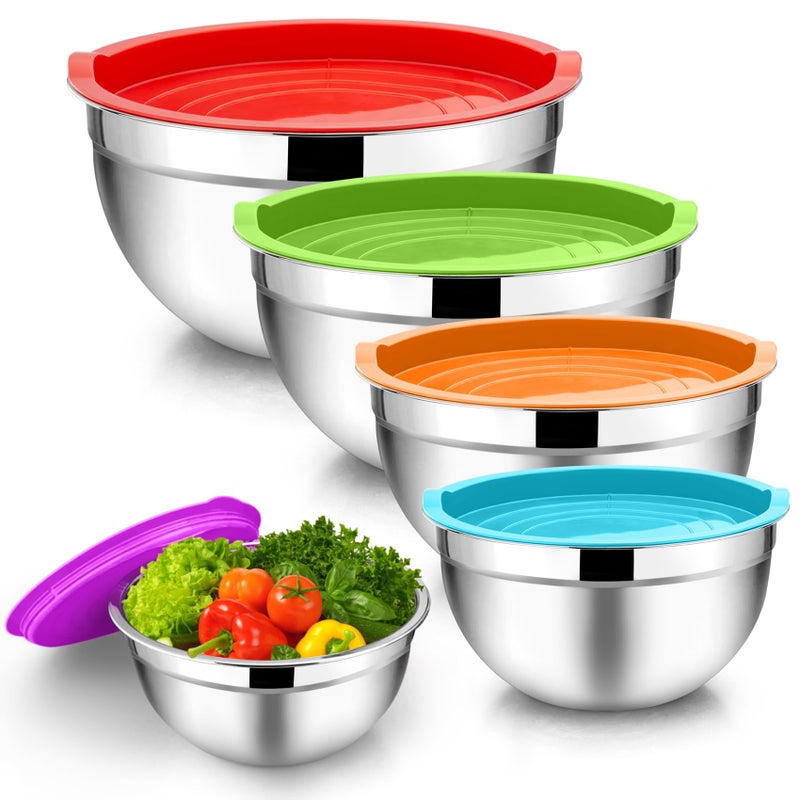 TeamFar TeamFar Mixing Bowls 45315107 QT Stainless Steel Metal Nesting Salad Bowl with Lid Set of 5 Ideal for Prepping Serving Healthy  Sturdy Airtight Lid  Easy Clean MultiColor