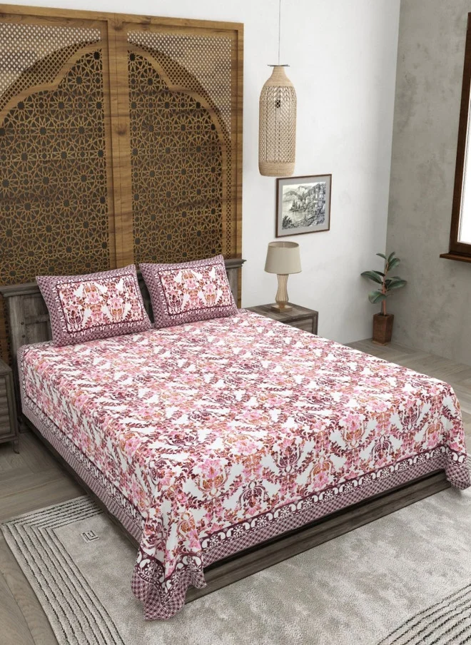 CLOTHOLOGY CLOTHOLOGY White & Purple Floral Printed 180 TC Flat Cotton King Bedsheet with 2 Pillow Covers