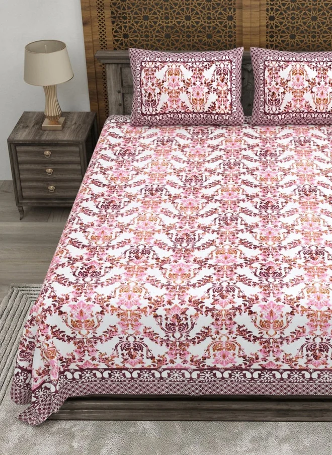 CLOTHOLOGY CLOTHOLOGY White & Purple Floral Printed 180 TC Flat Cotton King Bedsheet with 2 Pillow Covers