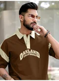 Maniac Mens Printed Polo Neck 3/4th Sleeve Brown Cotton T-Shirt