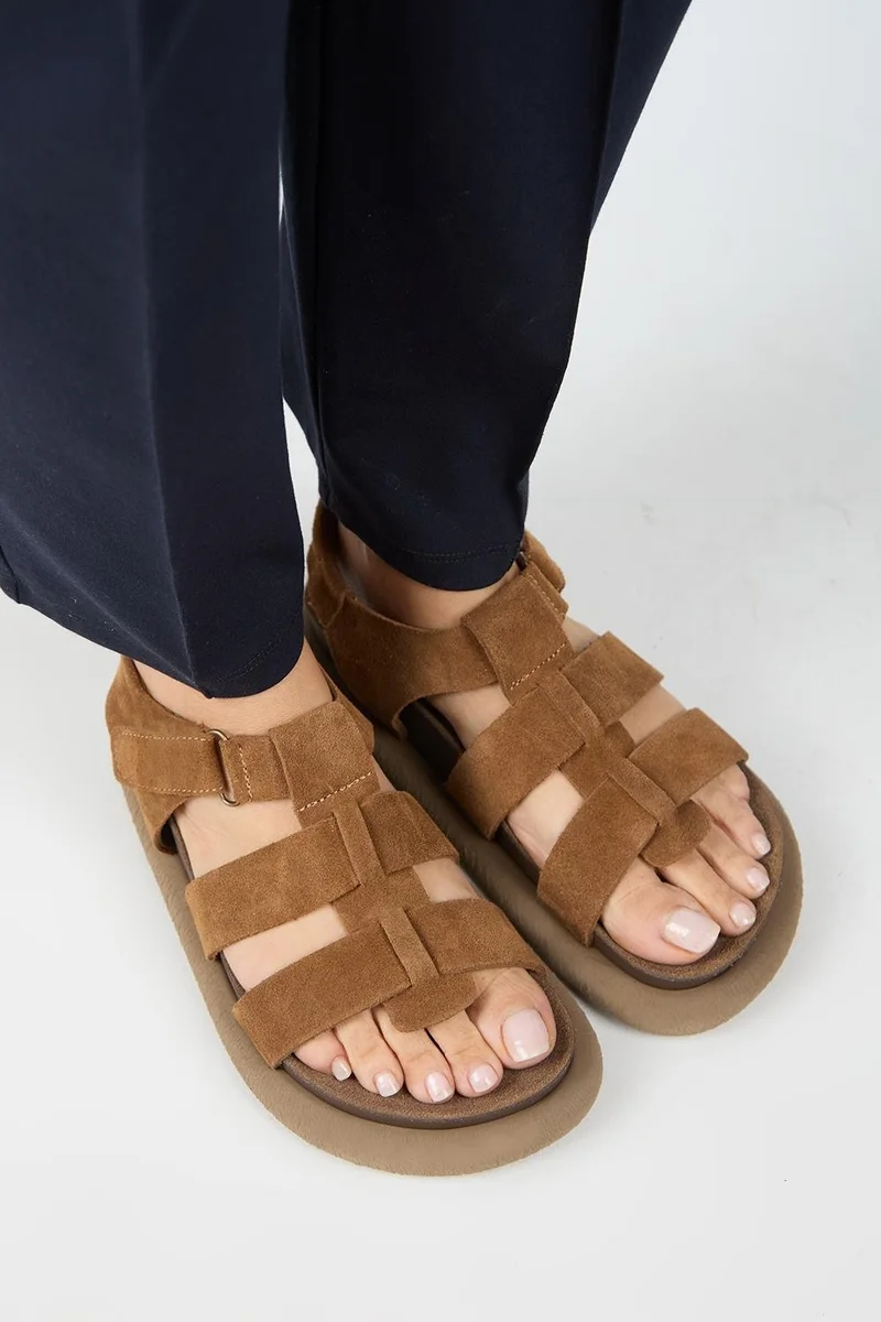Manijero Manijero Capra Women's Genuine Leather Strap-On Velcro Sandals in Tan