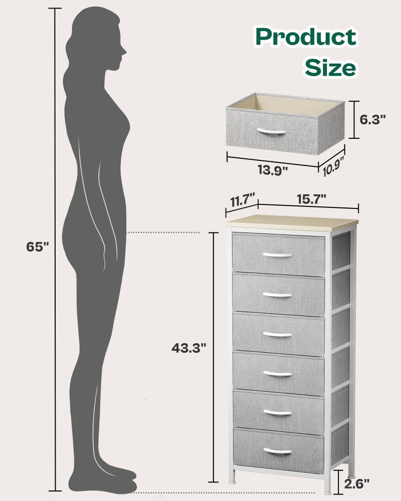 Huuger 43.3 Inch Tall Dresser for Bedroom, 6 Drawer Night Stand & Chests of Drawers, Fabric Dresser for Closet, Bedroom, Nightstand, End Table with Metal Frame, Storage Tower with Fabric Bins, Grey - Image 5