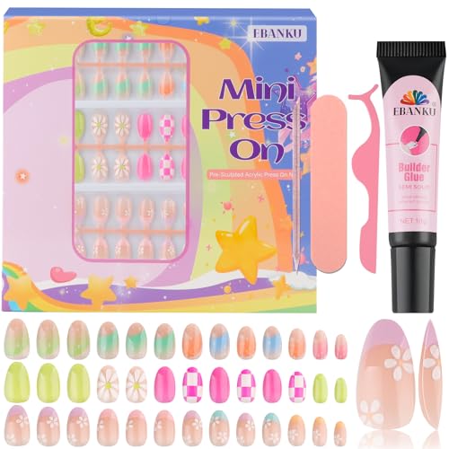 EBANKU 78 Pieces Press on Nails for Kids, EBANKU 3 Pack Kid Fake Nail Kit Old Colorful Flower Press on Nails for Girls 8-12 Years with Jelly Nail Adhesives & Nail Builder Glue - Image 1