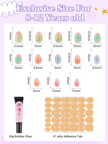 EBANKU 78 Pieces Press on Nails for Kids, EBANKU 3 Pack Kid Fake Nail Kit Old Colorful Flower Press on Nails for Girls 8-12 Years with Jelly Nail Adhesives & Nail Builder Glue - Image 3