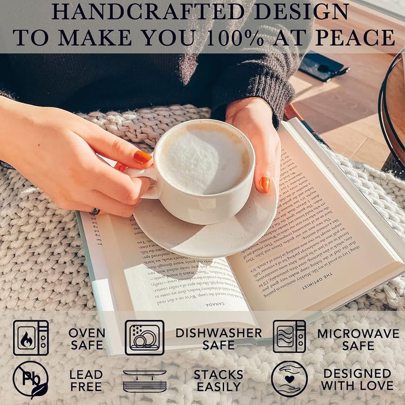Mora Ceramics 8oz Cappuccino Mug Set of 4 - Ceramic Coffee Cups with Saucers - Microwave and Dishwasher Safe, Perfect For Tea, Espresso, Latte - Porcelain Mugs for Kitchen or Cafe - Vanilla White - Image 4