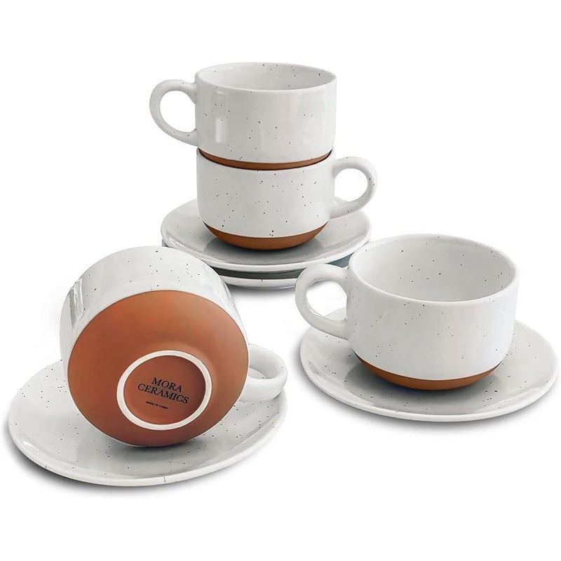 Mora Ceramics 8oz Cappuccino Mug Set of 4 - Ceramic Coffee Cups with Saucers - Microwave and Dishwasher Safe, Perfect For Tea, Espresso, Latte - Porcelain Mugs for Kitchen or Cafe - Vanilla White - Image 1