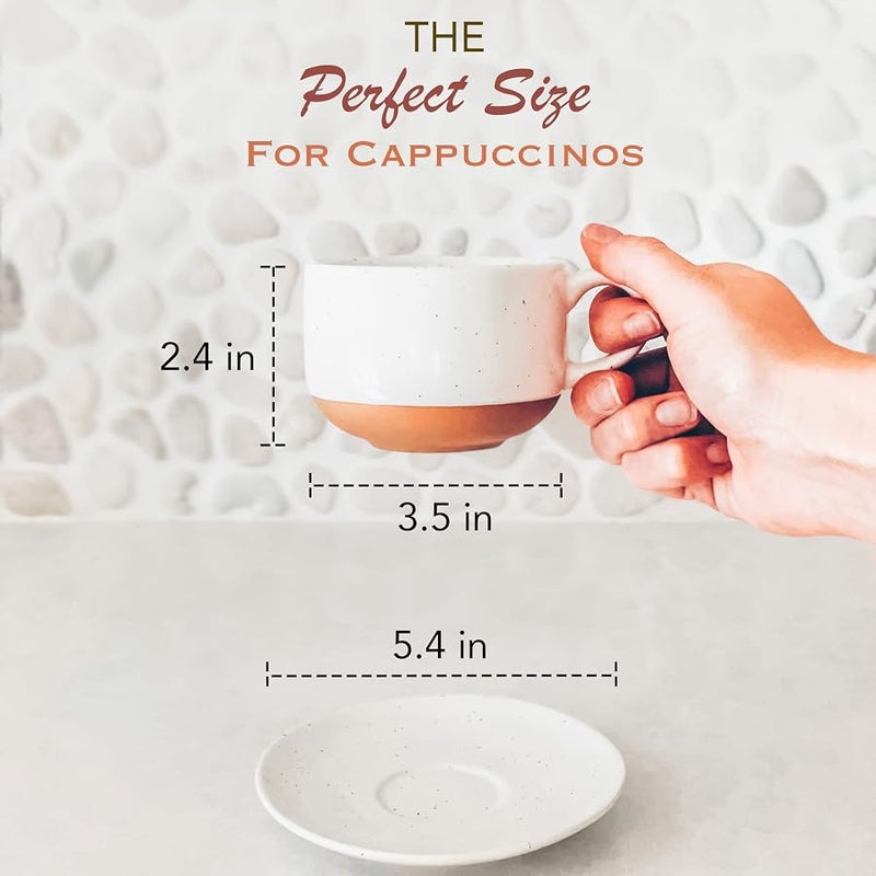 Mora Ceramics 8oz Cappuccino Mug Set of 4 - Ceramic Coffee Cups with Saucers - Microwave and Dishwasher Safe, Perfect For Tea, Espresso, Latte - Porcelain Mugs for Kitchen or Cafe - Vanilla White - Image 2