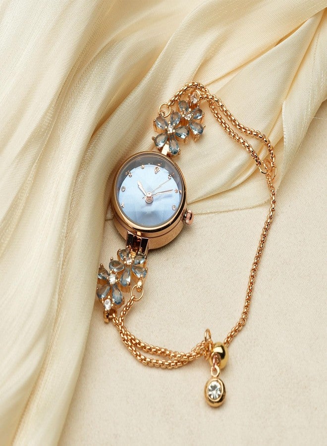 TIME100 Blue Watch for Women Ladies Fashion Dress Bracelet Quartz Wrist Watch Round Dial Brass Strap with Diamonds Waterproof Women Watch (Ice Blue) - Image 5