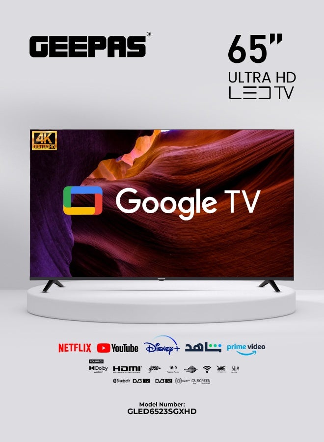 Geepas 65'' 4K UHD, Google Smart LED TV With Remote Control (english) , Chromecast Built-in, Wall Mount Bracket, 2 USB & 4 HDMI Port, Bluetooth, WIFI, Screen Sharing - Image 1