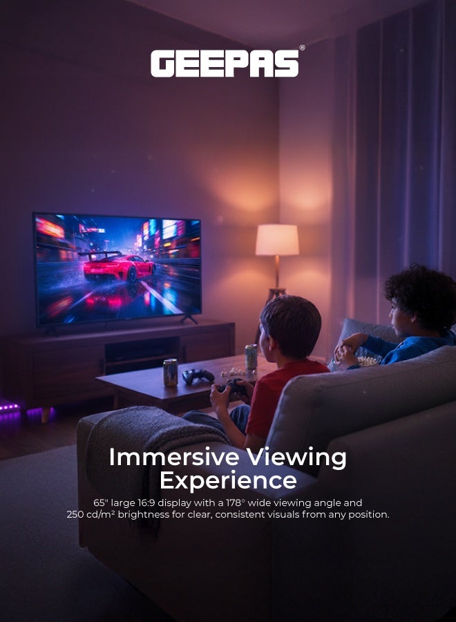 Geepas 65'' 4K UHD, Google Smart LED TV With Remote Control (english) , Chromecast Built-in, Wall Mount Bracket, 2 USB & 4 HDMI Port, Bluetooth, WIFI, Screen Sharing - Image 2