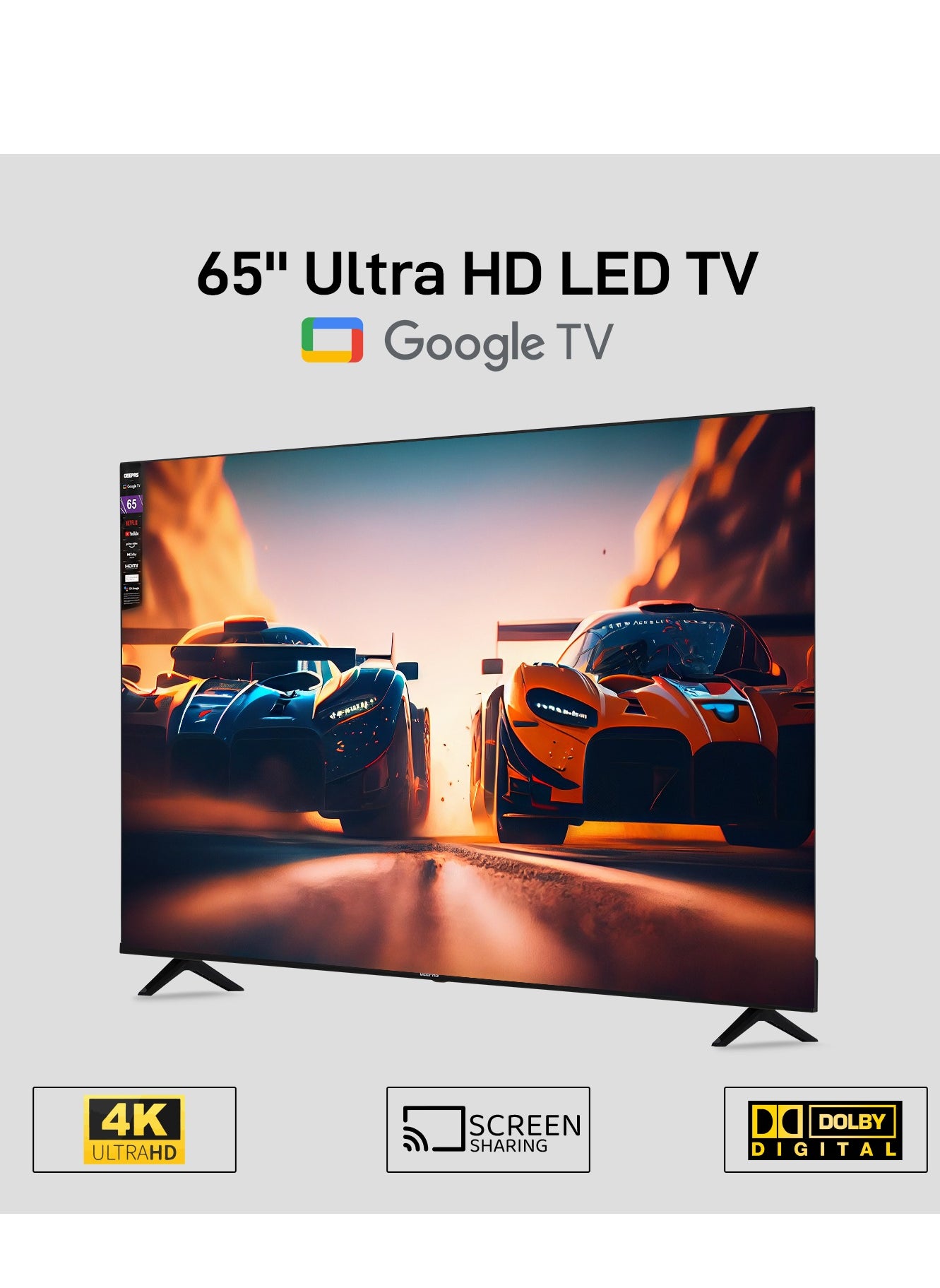 GEEPAS تلفزيون Geepas 65 بوصة 4K UHD، ذكي LED من Google مع جهاز تحكم عن بعد (باللغة الإنجليزية)، Chromecast مدمج، حامل تثبيت على الحائط، 2 منفذ USB و4 منافذ HDMI، بلوتوث، واي فاي، مشاركة الشاشة 