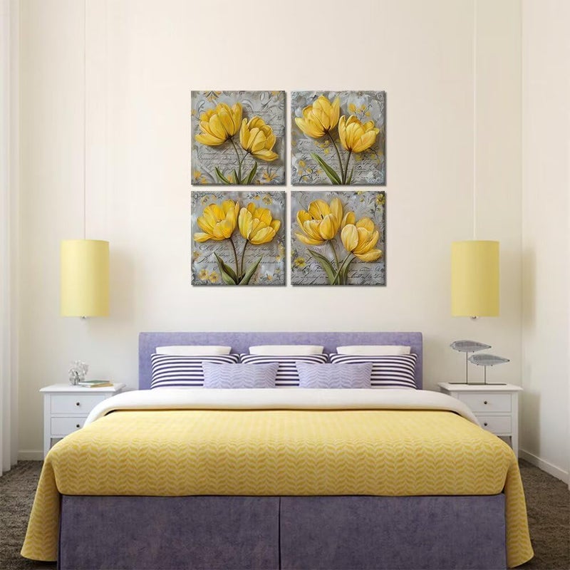 Wall HDQ Flower and Bird Wall Decor Painting for Living Room Bedroom Bathroom Home Decoration, Vintage Flower Canvas Wall Art Pictures Posters 4 Pieces Framed Artwork Ready to Hang(12''W x 12''H x4) - Image 3