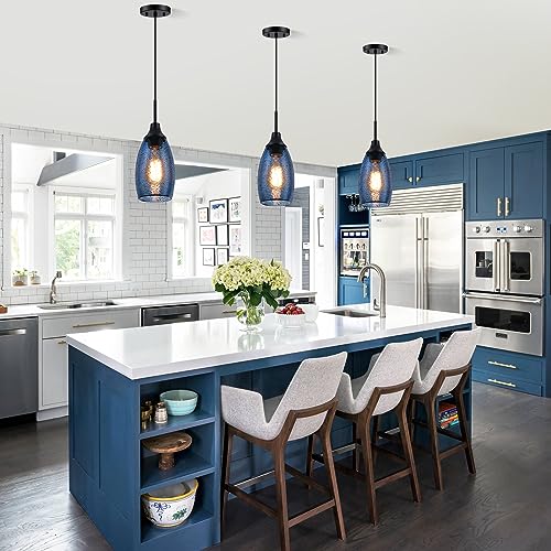 Viinew Mini Glass Pendant Light,4.72" Dark Blue Glass Hanging Light 3-Pack Handblown Clear Blue Seeded Shade Adjustable Cord Ceiling Light Fixture for Kitchen Island Sink - Image 4