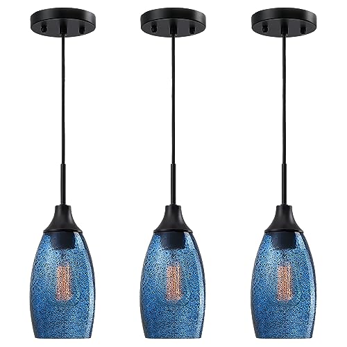 Viinew Mini Glass Pendant Light,4.72" Dark Blue Glass Hanging Light 3-Pack Handblown Clear Blue Seeded Shade Adjustable Cord Ceiling Light Fixture for Kitchen Island Sink - Image 1