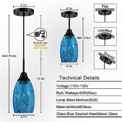 Viinew Mini Glass Pendant Light,4.72" Dark Blue Glass Hanging Light 3-Pack Handblown Clear Blue Seeded Shade Adjustable Cord Ceiling Light Fixture for Kitchen Island Sink - Image 2