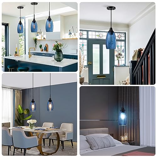 Viinew Mini Glass Pendant Light,4.72" Dark Blue Glass Hanging Light 3-Pack Handblown Clear Blue Seeded Shade Adjustable Cord Ceiling Light Fixture for Kitchen Island Sink - Image 5