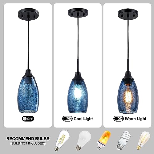 Viinew Mini Glass Pendant Light,4.72" Dark Blue Glass Hanging Light 3-Pack Handblown Clear Blue Seeded Shade Adjustable Cord Ceiling Light Fixture for Kitchen Island Sink - Image 3