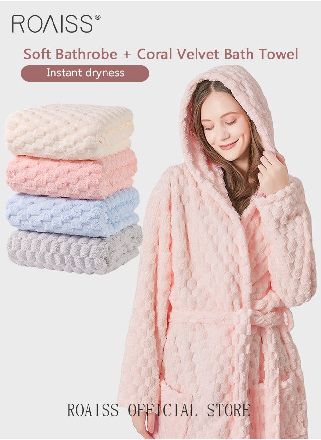 roaiss - 2 Piece Bath Set for Women and Men Thicken Absorbent Bathrobe and Bath Towel in Cloud Pattern Coral Fleece Sleepwear Autumn Winter Ladies Lightweight Soft Non Shedding Robe with Hood - Image 1