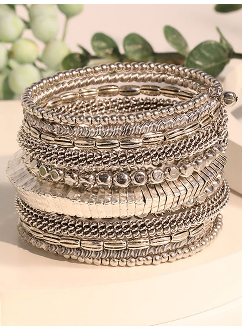 Women's Retro Ethnic Multi-Layer Wrap Bracelet. Adjustable multi-layer ethnic design, all-season versatile jewelry suitable for daily wear and parties. This stackable and eye-catching bracelet fits both teenagers and adults, featuring solid craftsmanship and comfortable wear. Decorated with exquisitely woven earthy-tone beads, it boasts a classic retro tribal style, ideal for casual trips and festive events. Durable for long-term use with no extra plating required. Wide band design, perfect for ladies with larger wrists. - Image 4