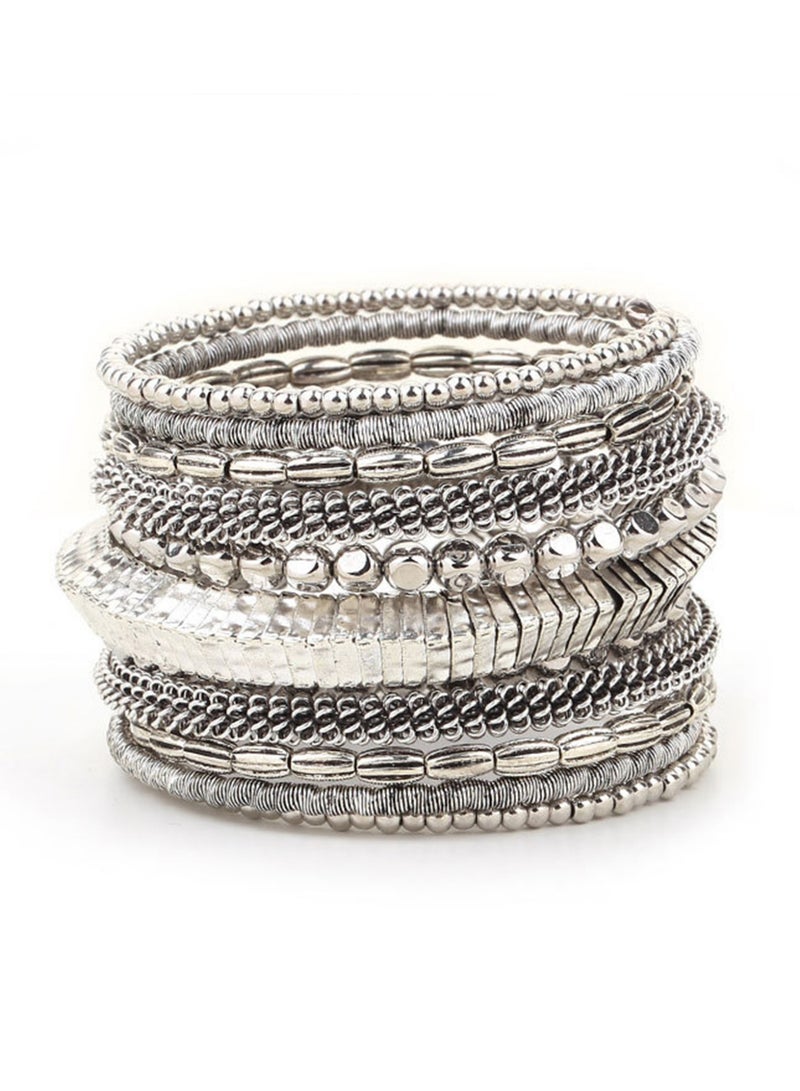 Women's Retro Ethnic Multi-Layer Wrap Bracelet. Adjustable multi-layer ethnic design, all-season versatile jewelry suitable for daily wear and parties. This stackable and eye-catching bracelet fits both teenagers and adults, featuring solid craftsmanship and comfortable wear. Decorated with exquisitely woven earthy-tone beads, it boasts a classic retro tribal style, ideal for casual trips and festive events. Durable for long-term use with no extra plating required. Wide band design, perfect for ladies with larger wrists. - Image 1