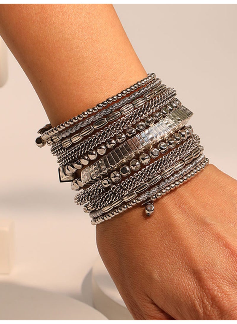 Women's Retro Ethnic Multi-Layer Wrap Bracelet. Adjustable multi-layer ethnic design, all-season versatile jewelry suitable for daily wear and parties. This stackable and eye-catching bracelet fits both teenagers and adults, featuring solid craftsmanship and comfortable wear. Decorated with exquisitely woven earthy-tone beads, it boasts a classic retro tribal style, ideal for casual trips and festive events. Durable for long-term use with no extra plating required. Wide band design, perfect for ladies with larger wrists. - Image 5