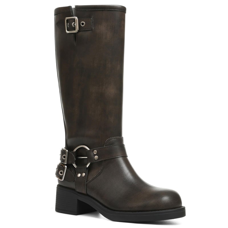 AMINUGAL Brown Knee High Boots Women Square Toe Pull On Boots Wide Calf Riding Boots Fashion Buckles Chunky Boots Metallic Casual Vintage Buckle Rivet Boots Size 5.5 - Image 1