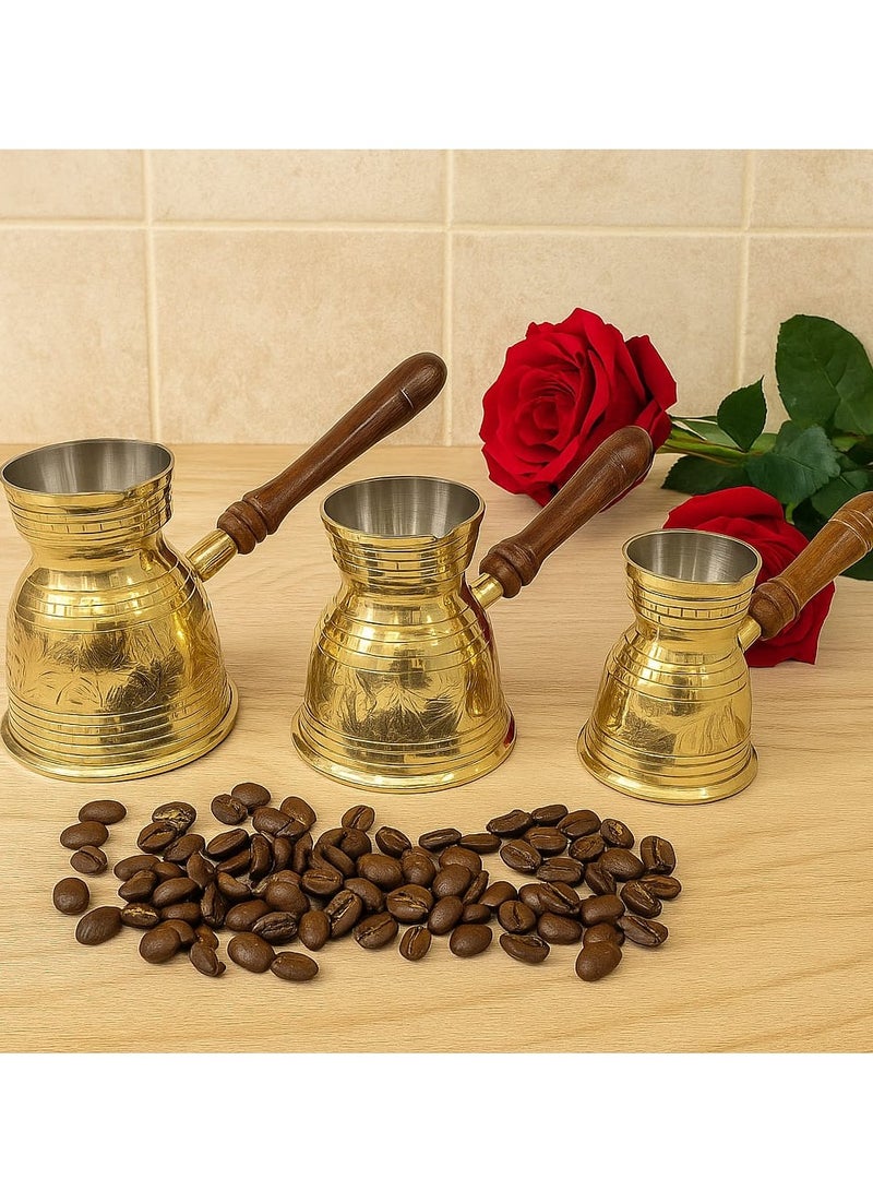 Royal Premium Brass Turkish Coffee Warmer Turkish Style Brass Coffee Pot with Wooden Handle, Gold Brass Coffee Warmer 3 PC Set - Image 1