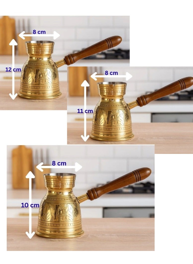 Royal Premium Brass Turkish Coffee Warmer Turkish Style Brass Coffee Pot with Wooden Handle, Gold Brass Coffee Warmer 3 PC Set - Image 2