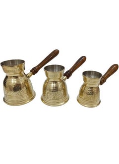 Royal Premium Brass Turkish Coffee Warmer Turkish Style Brass Coffee Pot with Wooden Handle, Gold Brass Coffee Warmer 3 PC Set  - Image 1