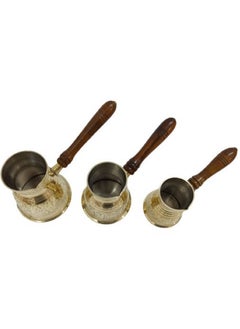 Royal Premium Brass Turkish Coffee Warmer Turkish Style Brass Coffee Pot with Wooden Handle, Gold Brass Coffee Warmer 3 PC Set  - Image 3
