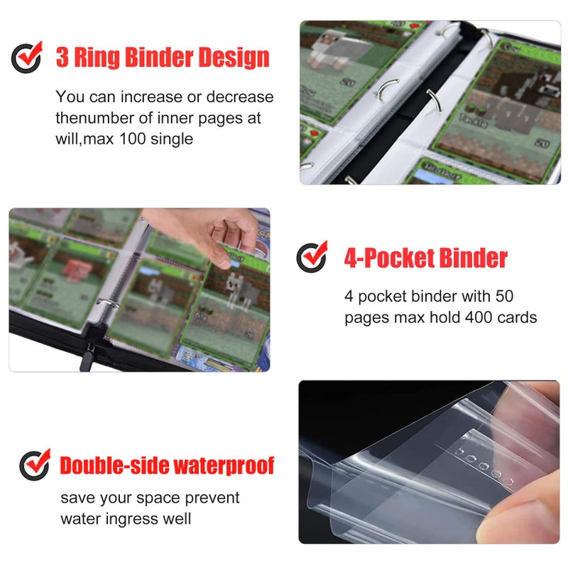 WTVIDAS Card Binder with Shoulder Strap, 4 Pocket with 50 Sleeves up to 400 Cards, Waterproof Card Storage Book for Boys, Game Cards Display Case - Image 5
