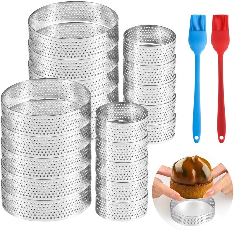 20-Piece Perforated Tart Rings, 1.97 & 3.15 Non-Stick Cake Mousse Rings with 2 Silicone Brushes, Stainless Steel Pastry Molds for Baking, Dessert Tools for Home - Image 1