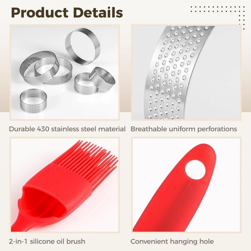 20-Piece Perforated Tart Rings, 1.97 & 3.15 Non-Stick Cake Mousse Rings with 2 Silicone Brushes, Stainless Steel Pastry Molds for Baking, Dessert Tools for Home - Image 3