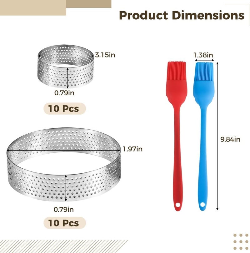 20-Piece Perforated Tart Rings, 1.97 & 3.15 Non-Stick Cake Mousse Rings with 2 Silicone Brushes, Stainless Steel Pastry Molds for Baking, Dessert Tools for Home - Image 4