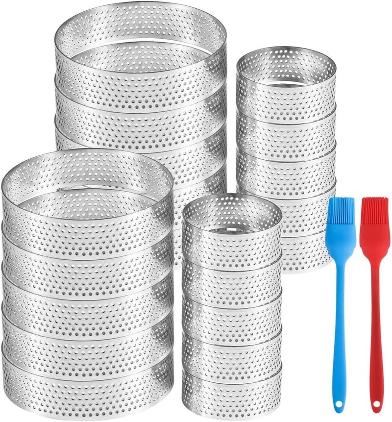 20-Piece Perforated Tart Rings, 1.97 & 3.15 Non-Stick Cake Mousse Rings with 2 Silicone Brushes, Stainless Steel Pastry Molds for Baking, Dessert Tools for Home - Image 2