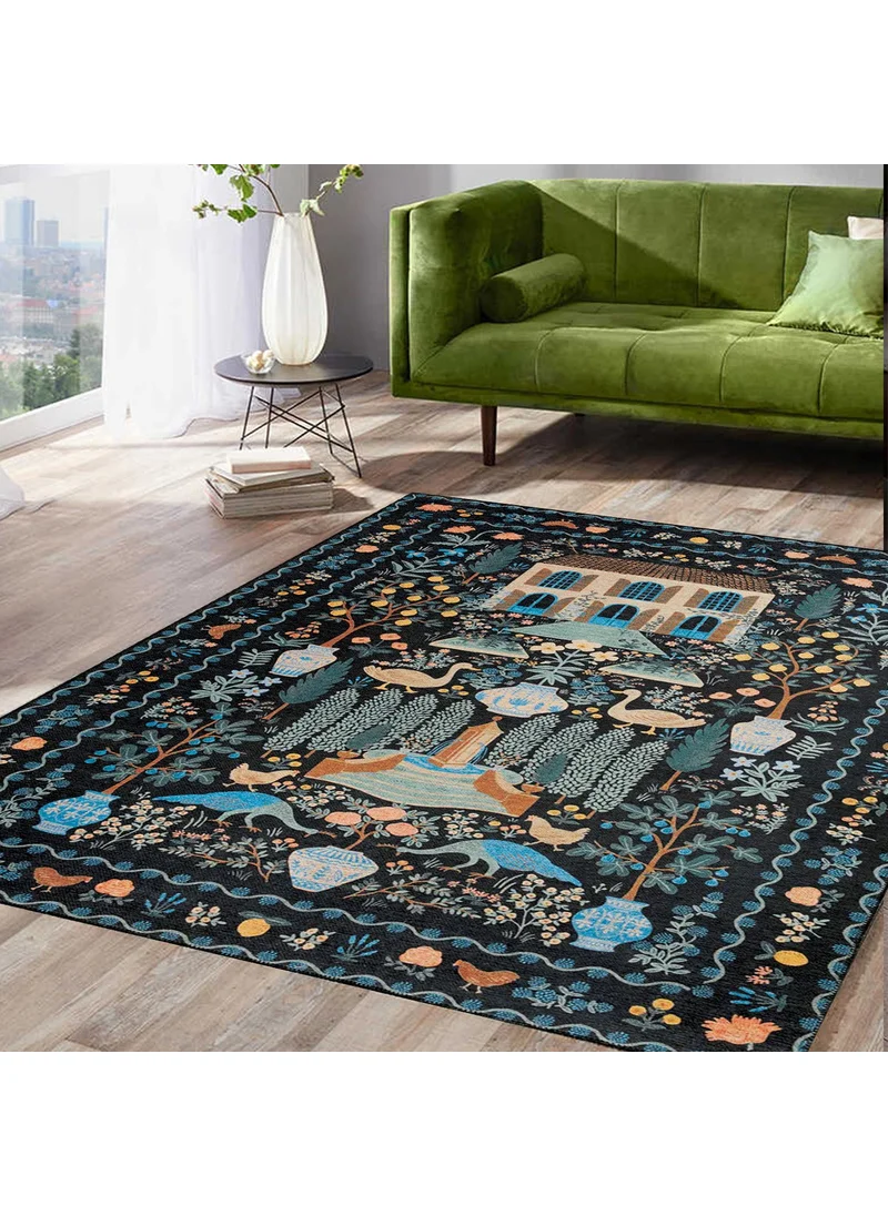 Vagonik Botanical House Flower Patterned Authentic Digital Printed Carpet Non-Slip Based Washable Carpet