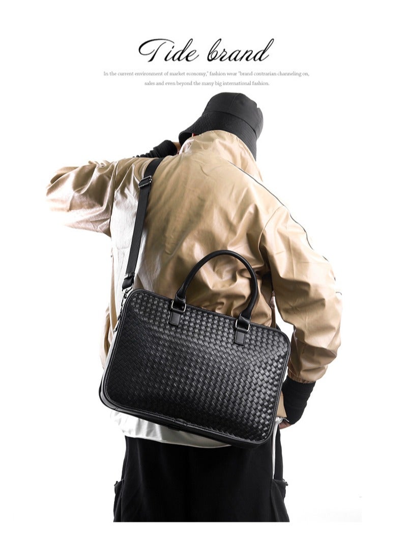 Classic PU Business Leather Briefcase Laptop Bag Large Capacity Messenger Soft Top Handle Tote with Long Shoulder Strap Men Travel Office Black - Image 2