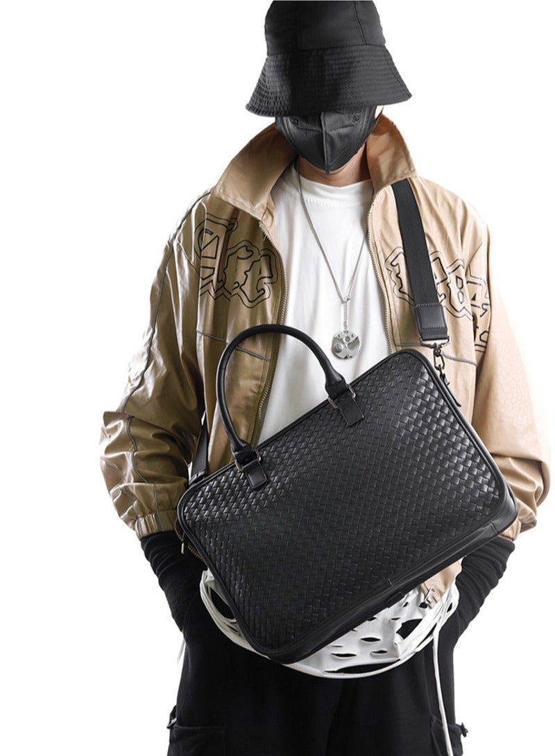 Classic PU Business Leather Briefcase Laptop Bag Large Capacity Messenger Soft Top Handle Tote with Long Shoulder Strap Men Travel Office Black - Image 3