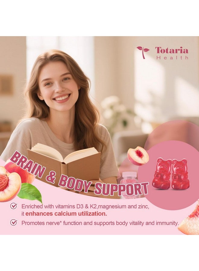 Totaria عبوة مزدوجة من جيلاتين سترات الكالسيوم 1200 ملغ - مكملات الكالسيوم للنساء مع فيتامين د3 و ك2، مغنيسيوم، زنك - جيلاتين الكالسيوم خالي من السكر لدعم العظام والأسنان والمناعة - نكهة الخوخ - Image 5