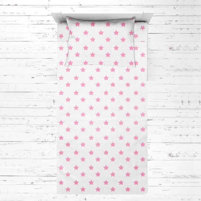 مجموعة ملاءات سرير الفتيات من باكاتي موسلين إيكات ستارز 3 قطع 100% قطن تشمل ملاءة مشدودة وملاءة علوية وغطاء وسادة 3 قطع نجوم وردية